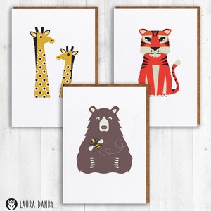 Conjunto de cartas de animais tigre, girafa e urso