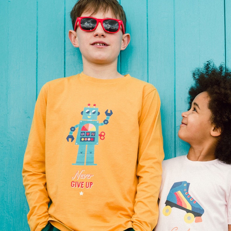 Robot kids long sleeved t-shirt, retro rainbow organic cotton eco-friendly top image 2
