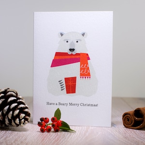 Ijsbeer kerstkaart, Scandinavische Kerstmis, Happy Holidays Card, leuke kerstkaart, Retro Kerst Dierenkaart, Feestelijke Teddybeer