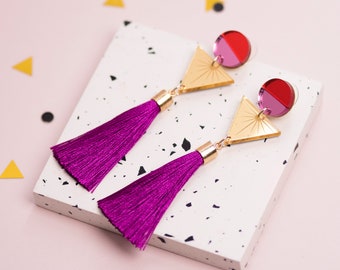 Geometric tassel statement earrings, gold pink red mirror acrylic, triangle party dangly earrings, festival earrings, Mothers Day gift