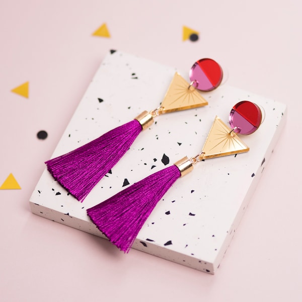 Geometric tassel statement earrings, gold pink red mirror acrylic, triangle party dangly earrings, festival earrings, Mothers Day gift