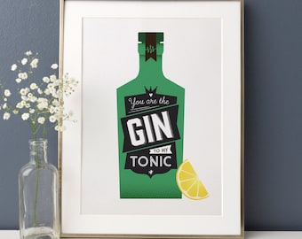 Gin To My Tonic Print, Retro Cocktail Poster, Vintage Kitchen Art
