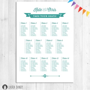 Wedding Table Plan, Party Seating Plan, Retro Styled Party Seat Chart, Rustic Bunting Wedding A2 Seating Poster, &#39;Take Your Seats&#39;