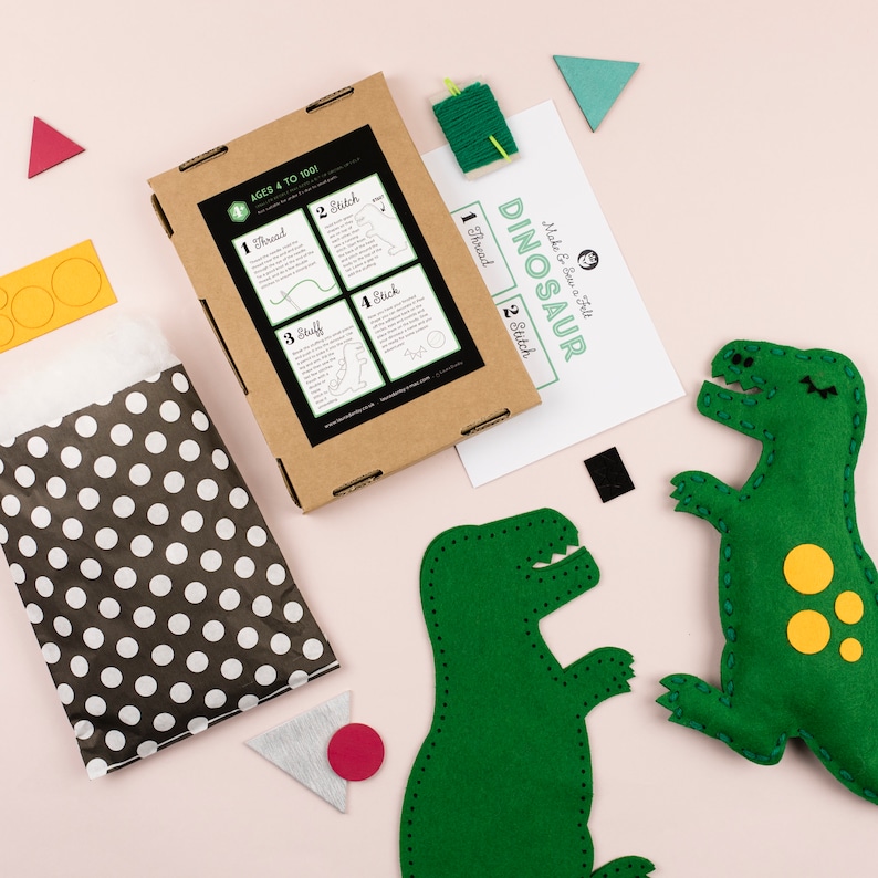 Dinosaur Sewing DIY Craft Kit for Children, Kids Felt Animal Making Activity, Learn How to Sew, T-Rex Christmas Gift for girls and boys image 5