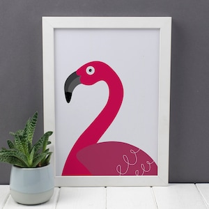 Impresión de flamenco rosa, arte mural de flamencos, regalos de flamenco rosa, póster de aves tropicales, impresión animal A4, regalo para niños, Laura Danby