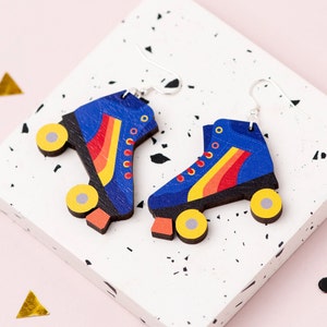 Roller Skate Earrings, Blue Retro Rainbow Skates, Sustainable Cherry Wood Earrings, Skater Gift, 80s Style, Birthday Gift