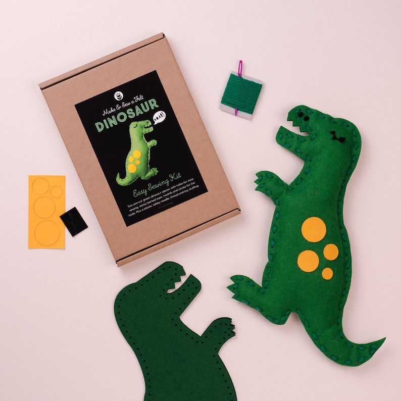 Dinosaur Sewing DIY Craft Kit for Children, Kids Felt Animal Making Activity, Learn How to Sew, T-Rex Christmas Gift for girls and boys image 1