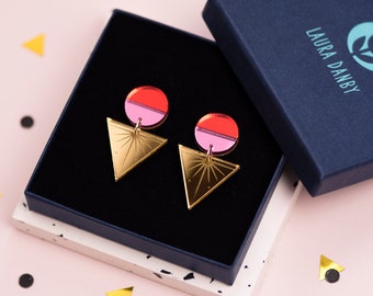 Pink Geometric statement drop earrings, gold & red mirror acrylic, triangle party dangle earrings, festival jewellery, Christmas gift