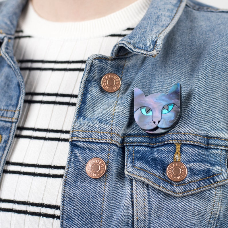 Cat Acrylic Brooch, Lasercut pet tabby cat pin badge, purple and blue animal jewellery, Valentine gift for cat lover image 1