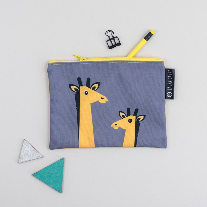Giraffe Pencil Case, Midcentury Crafting Case, Fabric Retro Printed Bag, Yellow and Grey African Animal, Eco-Friendly Sustainable Gifts image 1