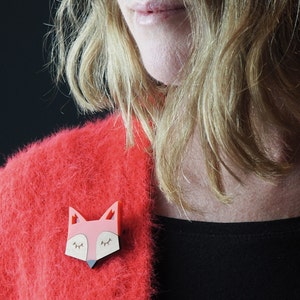 Fox Brooch in Laser Cut Acrylic & Wood, Scandinavian woodland animal pin badge, Orange Animal brooch, Fox gift, Mothers Day gift for her image 2