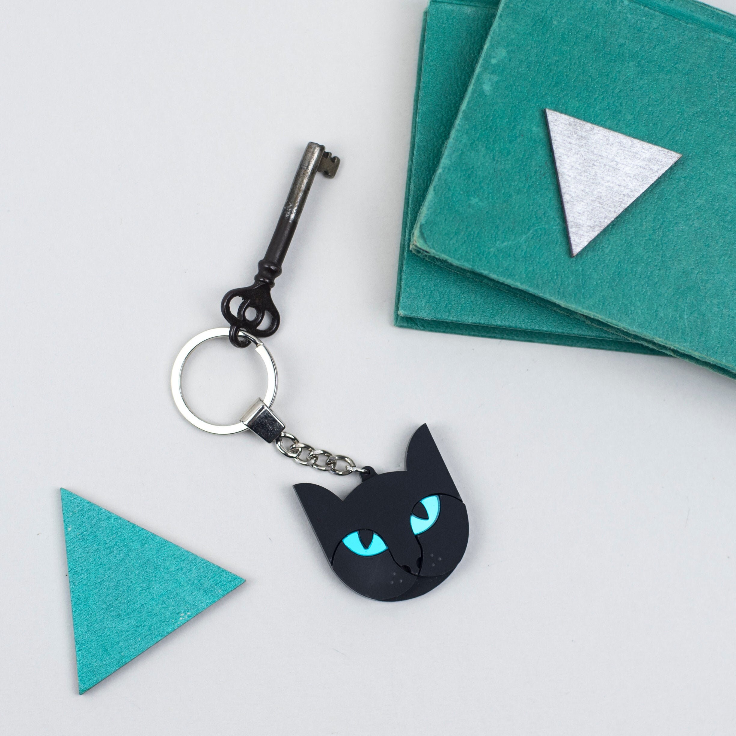 Black Cat Keyring, Acrylic Key Chain, Cat Lover Gift, Blue