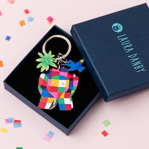 Elmer the Elephant Keyring, Cherry Wood Key Chain, Children's Book Character, Official Product, Elmer Jewellery, Key Ring, Teacher Gift