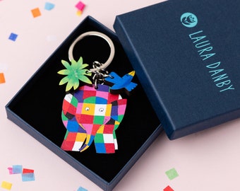 Elmer the Elephant Keyring, Cherry Wood Key Chain, Children's Book Character, Official Product, Elmer Jewellery, Key Ring, Teacher Gift