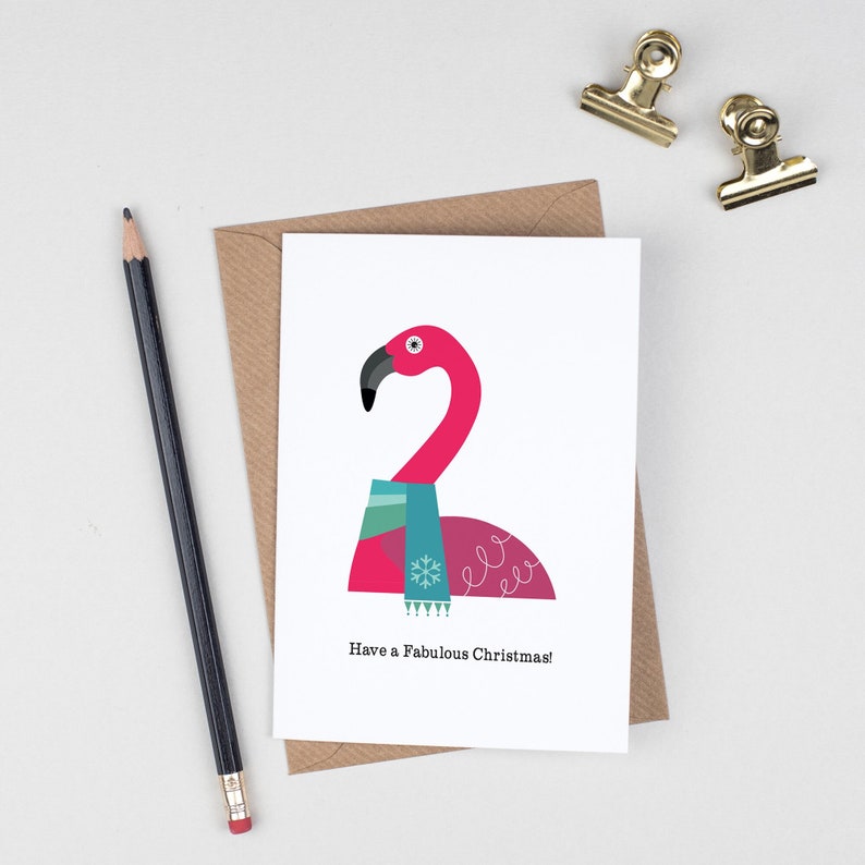 6 Pink Flamingo Christmas Cards, Tropical Happy Holidays Cards, Scandinavian Christmas Cards, Funny Christmas Card, Pack of 6 Flamingo Cards image 1