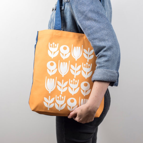 Sac fourre-tout scandinave à fleurs jaunes, sac à provisions botanique en nid d'abeille moutarde du milieu du siècle, cadeau respectueux de l'environnement