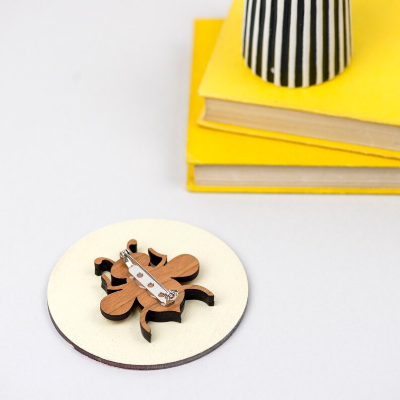 Bee Brooch in Lasercut Acrylic and Wood, Black Yellow Bug Badge, Insect Pin, Gift for Gardener, Valentine Gift fir Her image 6