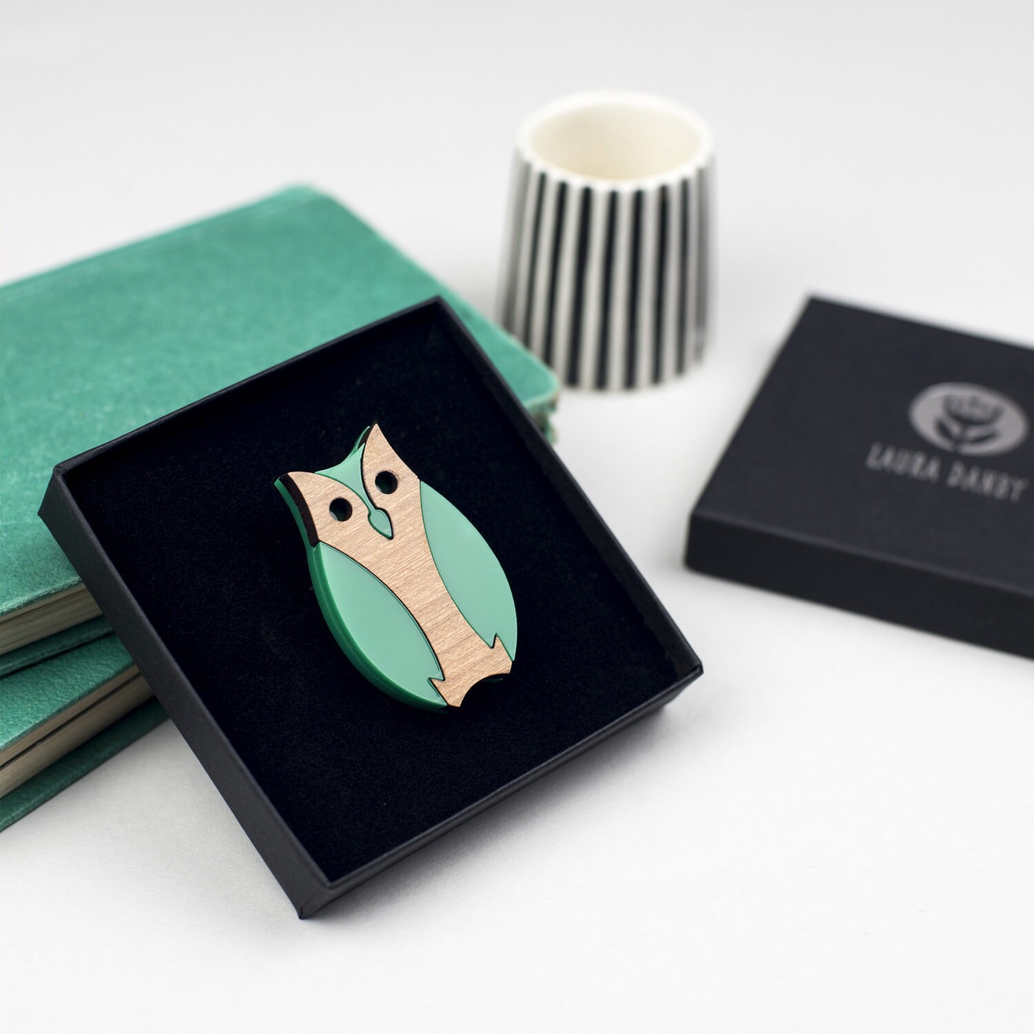 Owl Brooch: Laser Cut Wood & Acrylic, Green Scandinavian Bird Pin Badge