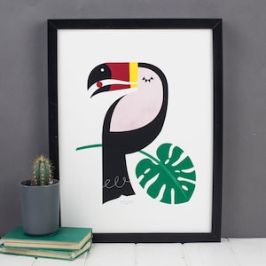 Serigrafía de tucán, póster de vida silvestre de la selva, hoja de monstera tropical retro, póster retro A3, serigrafía de selva A4, regalo para niños