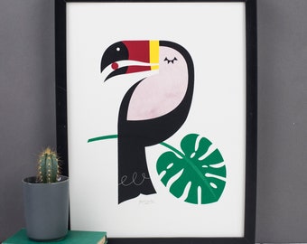 Toucan Bird Screen Print, Jungle Wildlife Poster, Retro Tropical Monstera Leaf, A3 Retro Poster, A4 Jungle Screen print, Gift For Children