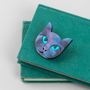 Cat Acrylic Brooch, Lasercut pet tabby cat pin badge, purple and blue animal jewellery, Valentine gift for cat lover image 2