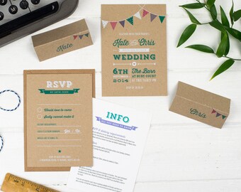 Rustic Bunting Wedding Invitations, Woodland Wedding Stationery, Retro Garden Party Wedding, Natural Wedding Set, Vintage Summer Wedding