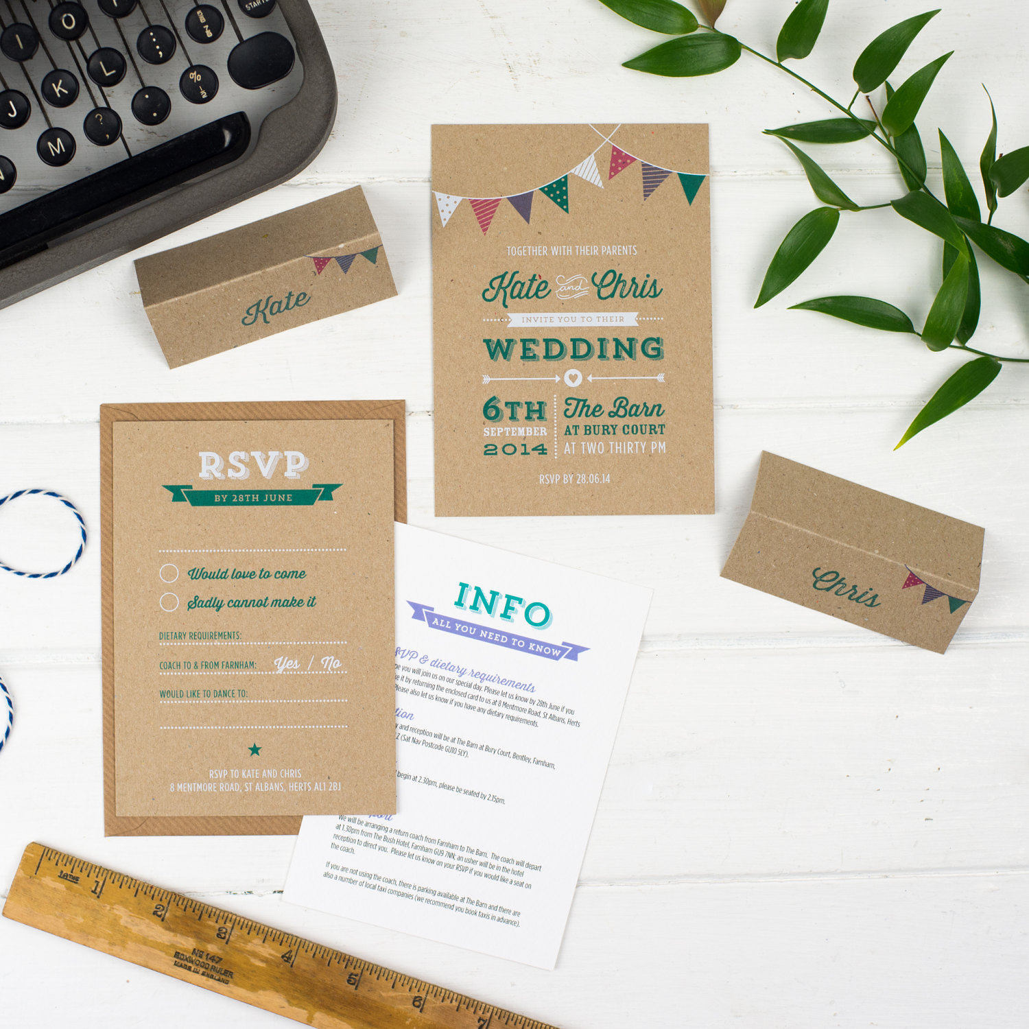 Rustic Bunting Wedding Invitations, Woodland Stationery, Retro Garden Party Wedding, Natural Set, Vintage Summer