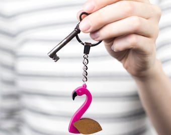 Pink Flamingo Acrylic & Wood Tropical Keyring