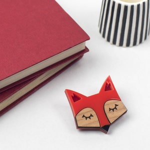 Fox Brooch in Laser Cut Acrylic & Wood, Scandinavian woodland animal pin badge, Orange Animal brooch, Fox gift, Mothers Day gift for her image 3