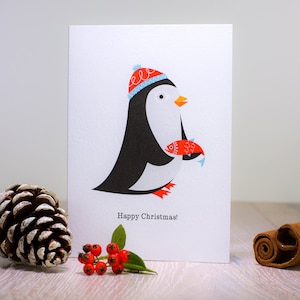 Pinguin-Weihnachtskarte, süße Weihnachtskarte, Retro-Weihnachtskarte, skandinavische Weihnachten, Tier-Weihnachtskarte, Vogel-Weihnachtskarte,