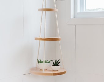 Wood & Cotton Hanging Shelves TRIO - 3 Tier Floating shelf - Hanging plant holder -  Hand Made in Canada -