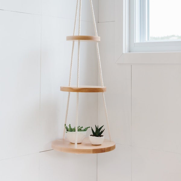 Wood & Cotton Hanging shelves TRIO - 3 Tier Floating shelf - Hanging plant holder -  Hand Made in Canada -
