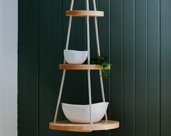 Wood & Cotton Hanging shelves TRIO - 3 Tier Floating shelf - Hanging plant holder -  Hand Made in Canada -