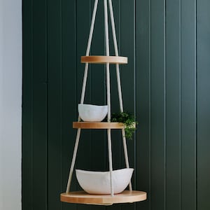 Wood & Cotton Hanging shelves TRIO - 3 Tier Floating shelf - Hanging plant holder -  Hand Made in Canada -