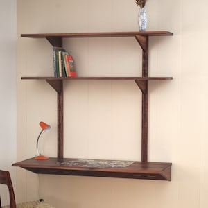 Wall Mounted Floating Desk: Japandi Midcentury Workstation with Shelves