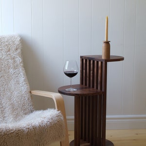 Solid Wood Two Tier Side Table AUBE Mid Century Modern & Japandi inspired Round C Coffee Table Black Walnut