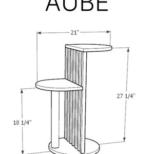 May include: A black and white line drawing of a side table with three shelves. The table is 21 inches wide, 27 1/4 inches tall, and 14 inches deep. The table is labeled "AUBE" and "LE TENON & LA MORTAISE".