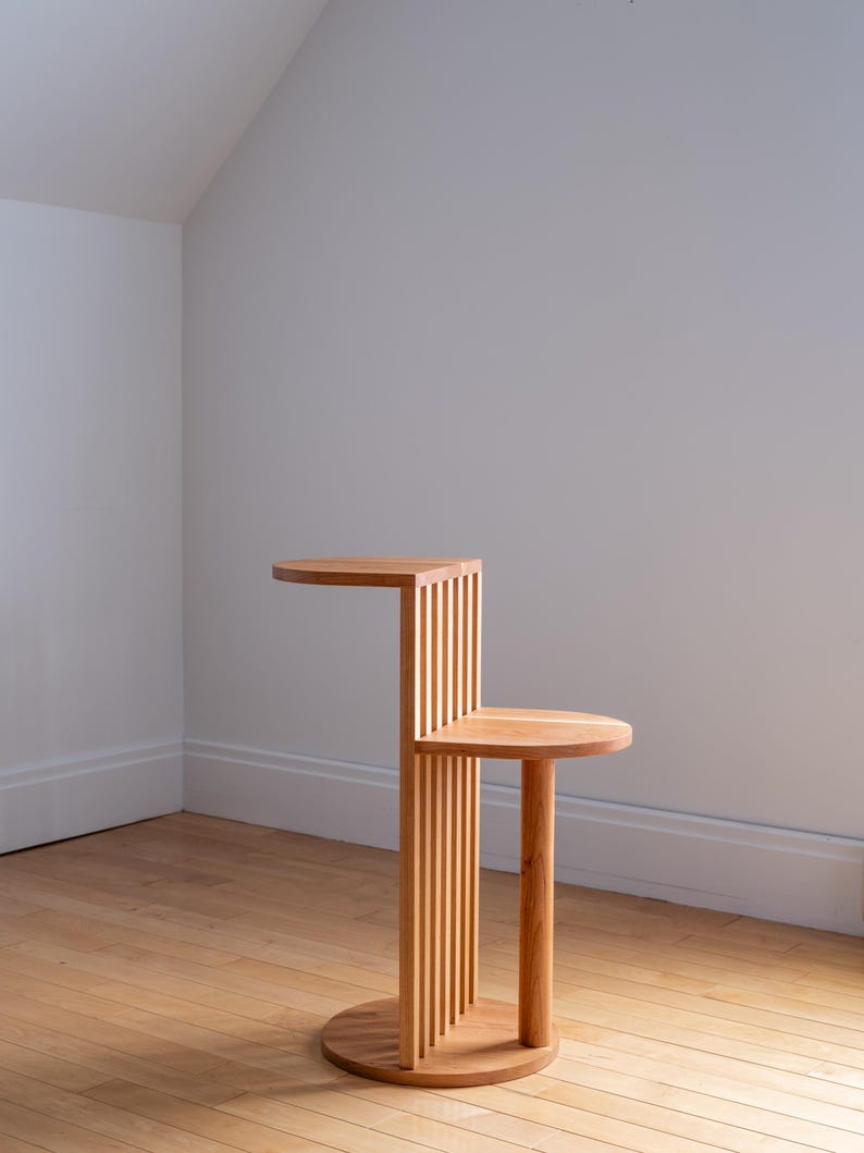 Solid Wood Two-Tier Side Table: Mid-Century Modern Japandi Coffee Table Cherry Wood