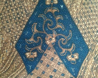 Unique Indonesian Hand Drawn Javanese Batik Sogan Tambal with Mixed motifs on Chevron pattern