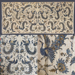 May include: A rectangular textile featuring a repeating batik pattern in dark blue and tan. The design displays multiple stylised peacocks with long, flowing tail feathers interspersed with intricate floral and botanical motifs across the fabric.