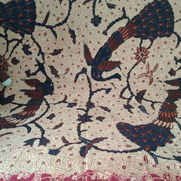 Vintage Indonesian Hand Drawn Batik with Peacock and Floral Background