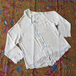 May include: A white sheer blouse with blue floral embroidery. The blouse has a mandarin collar and long sleeves with lace trim.