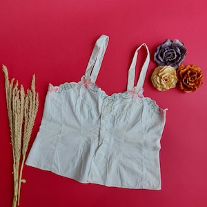 Indonesian Vintage White Camisole with Pink Flowers Embroidery