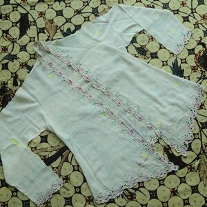 Vintage Broken White Indonesian Kebaya with Pink Floral Kerancang Embroidery 105060819560