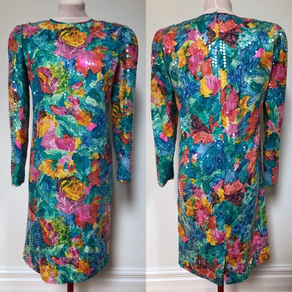 1980s Silk Cocktail Dress with Sequins Size Small