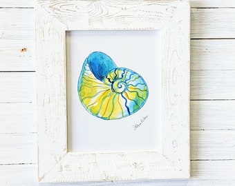 seashell watercolor. Local coastal art with 17x21-in handmade picture frame.