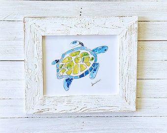 Coastal Blue turtle watercolor. Local coastal art with 17x21-in handmade picture frame.