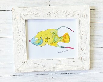 Yellow fish watercolor. Local coastal art with 17x21-in handmade picture frame.