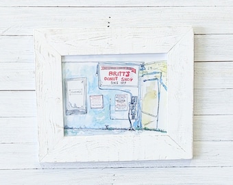 Britt's donut shop Carolina Beach. Local coastal art with 17x21-in handmade picture frame.