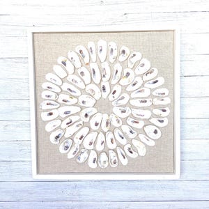 May include: A white framed square canvas with a beige linen background. A circular design of oyster shells is arranged in a spiral pattern on the canvas.